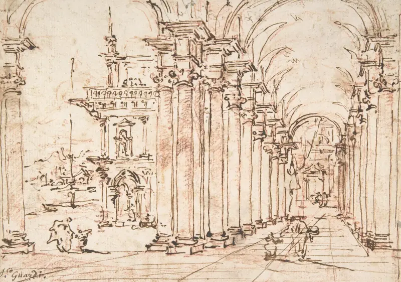 Arkitektoniskt capriccio; valvkolonnad i ett palats av Francesco Guardi