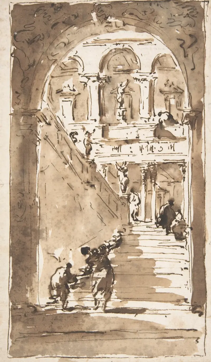 Arkitektonisk fantasi; figurer på en grandios trappa av Francesco Guardi