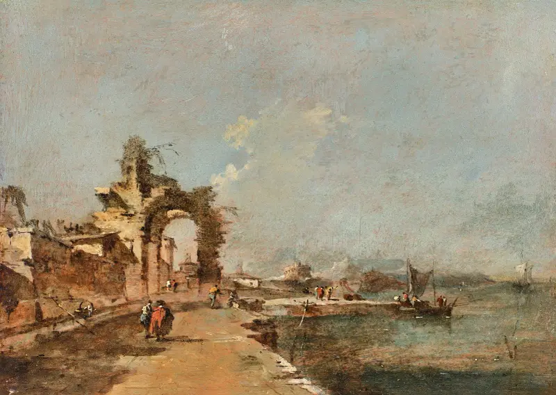 Capriccio över en lagun med figurer och en raserad båge av Francesco Guardi