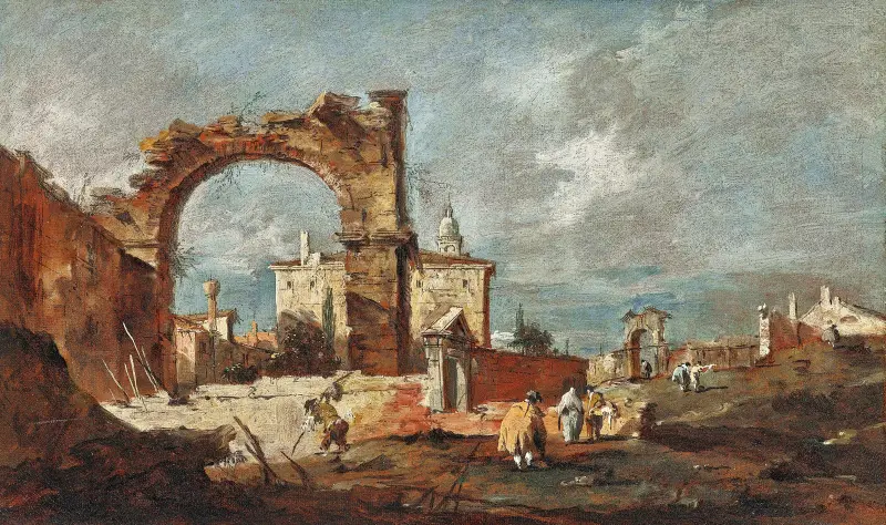 Capriccio mit einem ruinösen Bogen und einer Villa im Hintergrund von Francesco Guardi