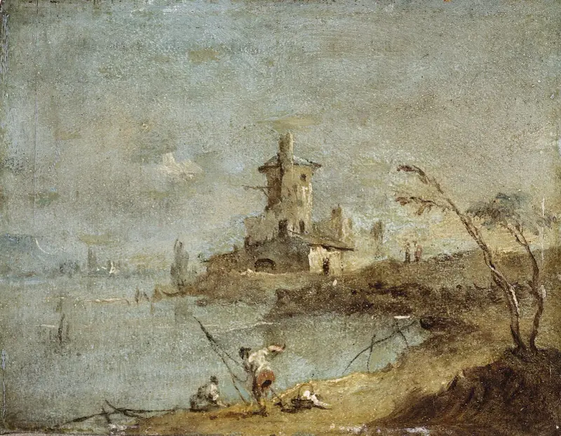 Lantligt capriccio med torn vid vattnet av Francesco Guardi