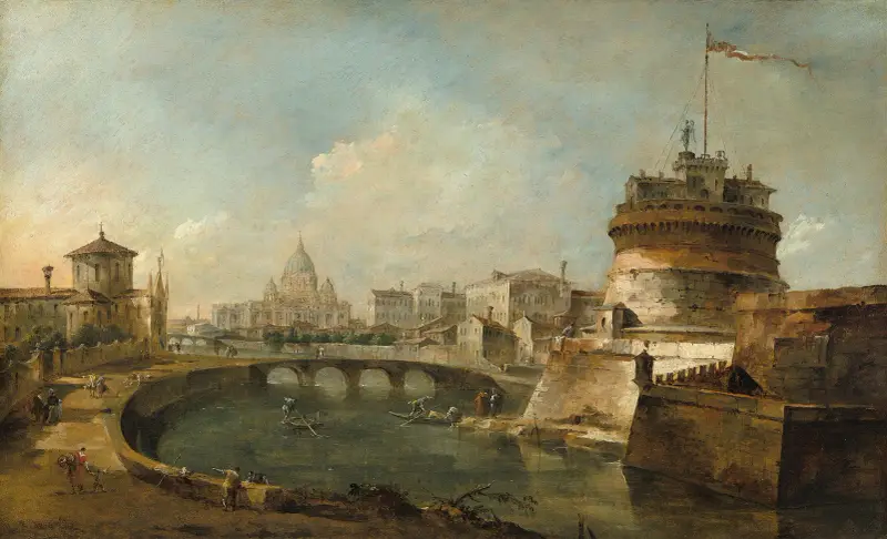 Fantasifull vy av Castel Sant'Angelo, Rom av Francesco Guardi