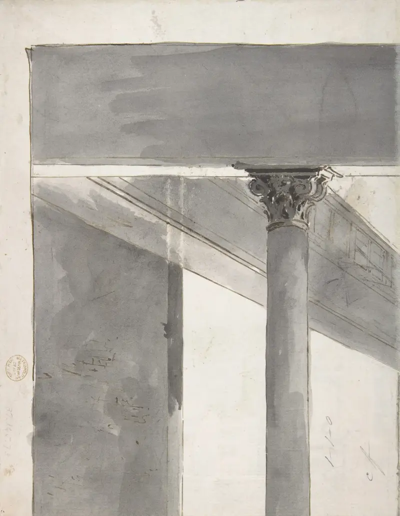 Fragment av en större teckning föreställande en del av en kolonn och en kornisch av Francesco Guardi