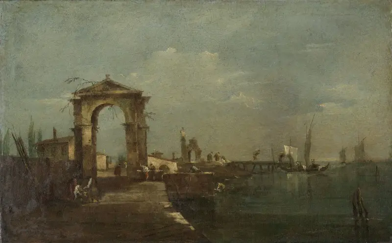 Landscape with a Quay and Ships on a Lake av Francesco Guardi