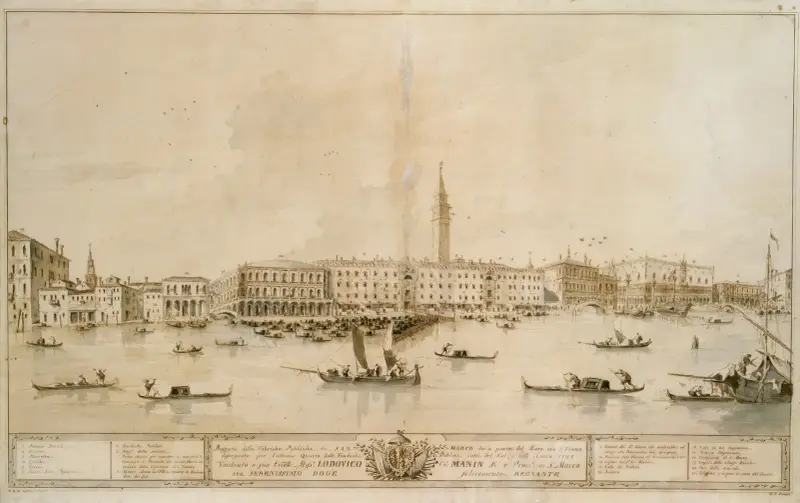 Panorama över Venedig från Bacino di San Marco, med projektet för det föreslagna Teatro Manin av Francesco Guardi