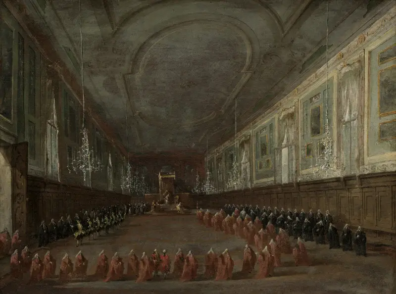 Pope Pius VI Descending the Throne to Take Leave of the Doge in the Hall of SS. Giovanni e Paolo, 1782 av Francesco Guardi
