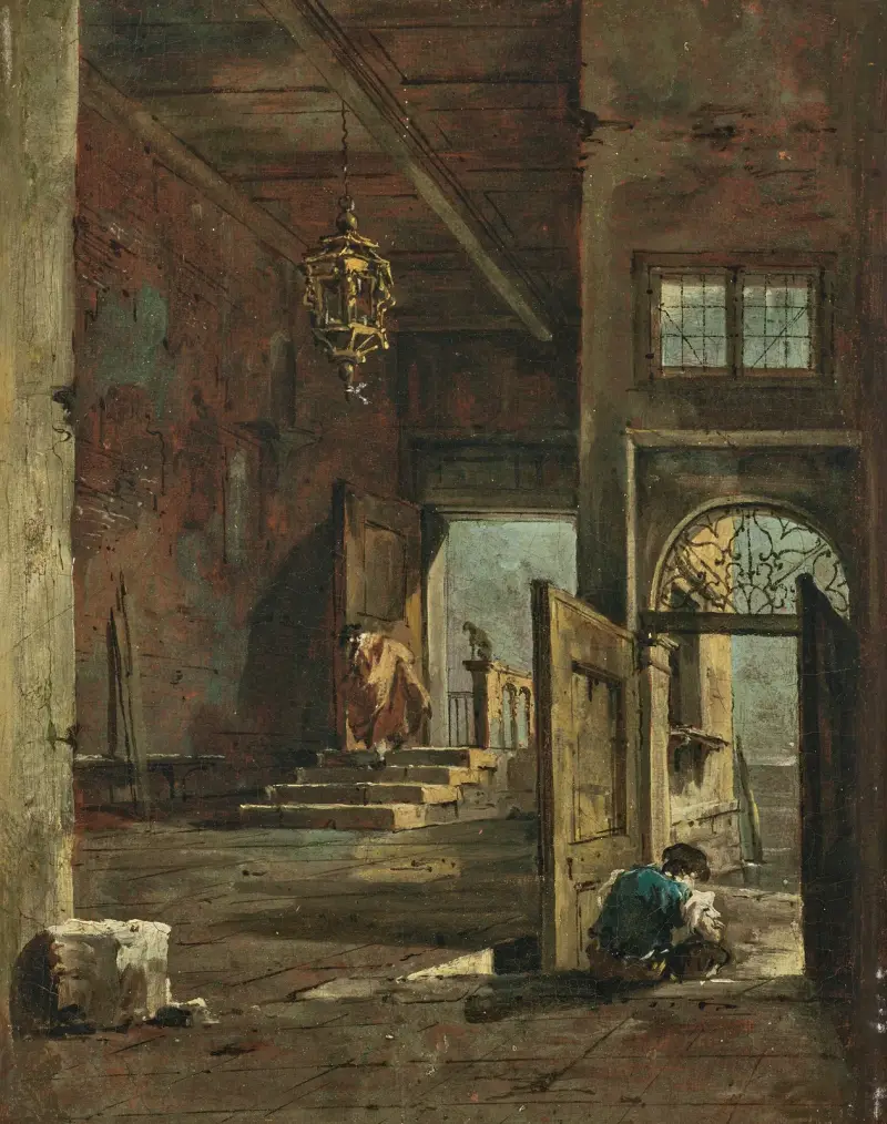 Den inre gården till ett venetianskt palats, med två figurer av Francesco Guardi