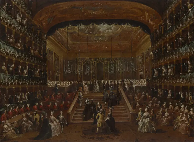 Das Innere des Teatro San Benedetto in Venedig mit dem Ball von 1782 zu Ehren der „Conti del Nord“ von Francesco Guardi