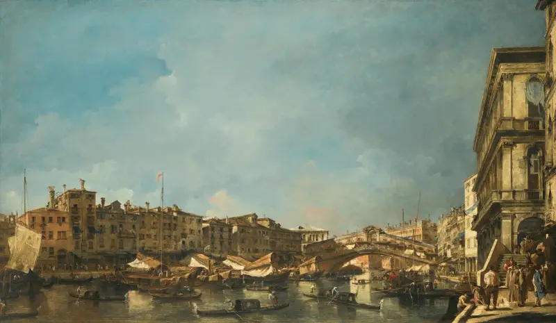 Venedig, utsikt över Rialtobron, mot norr, från Fondamenta del Carbon av Francesco Guardi