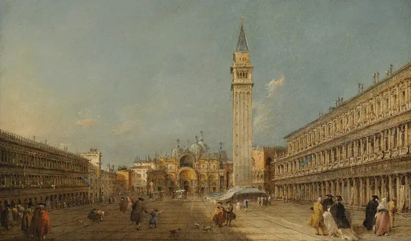 Venedig, Markusplatsen med basilikan och kampanilen av Francesco Guardi