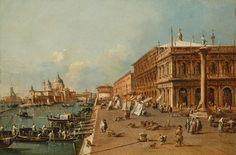 Venedig; Molo mit Libreria, Punta della Dogana und Santa Maria della Salute von Francesco Guardi