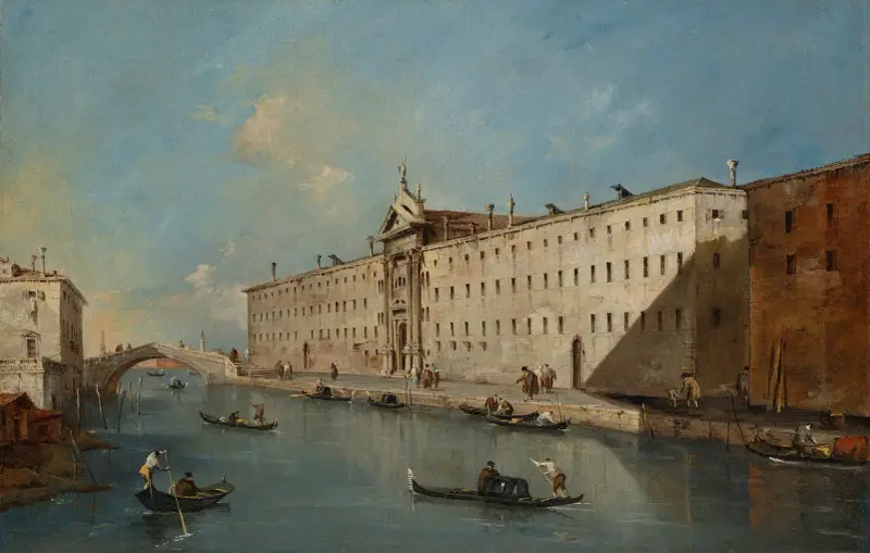 Venedig, kanalen Rio dei Mendicanti mot norr med kyrkan San Lazzaro dei Mendicanti av Francesco Guardi