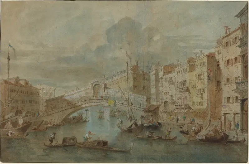 Utsikt mot Rialtobron, Venedig av Francesco Guardi
