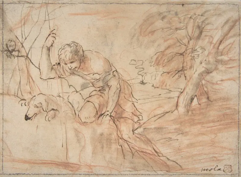 Framed Sketch for a Man, a Dog and a Tree av Pier Francesco Mola