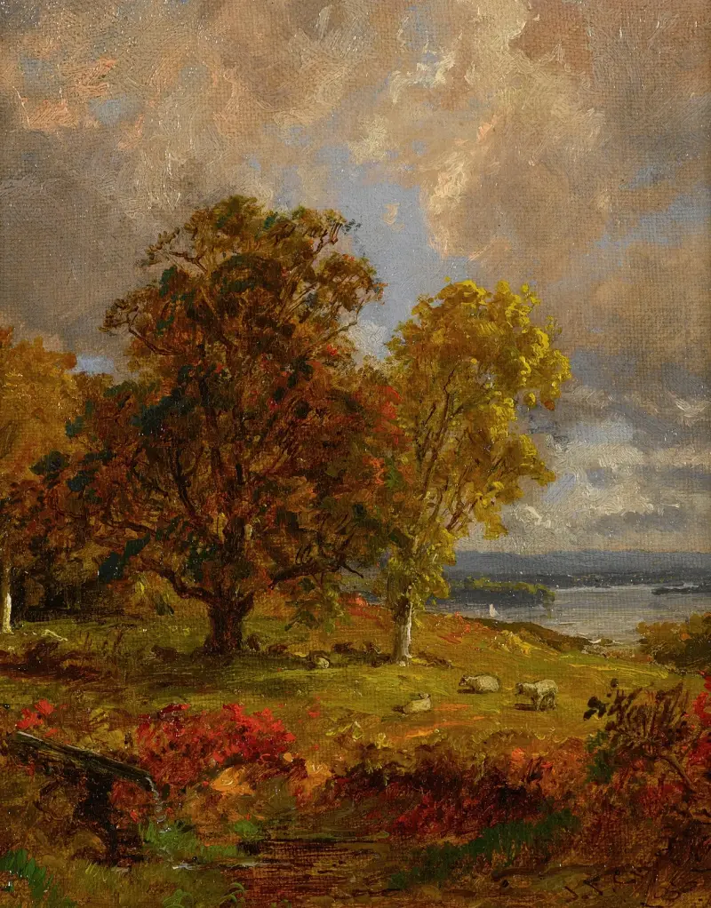 Landscape With Trees And Sheep Near A Copse av Jasper Francis Cropsey