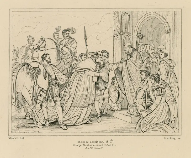 Cardinal Wolsey entering the Abbey of Leicester in Shakespeare’s King Henry VIII, act IV, scene 2 av William Francis Starling