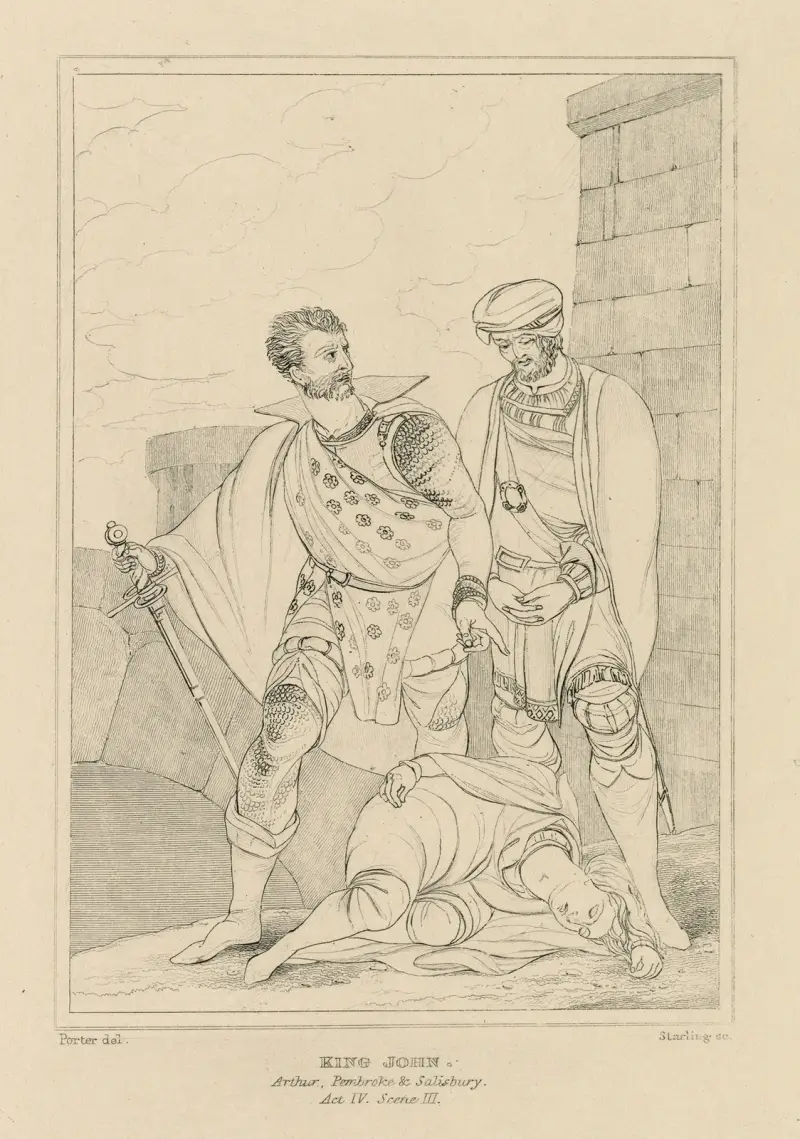 Kung Johan, akt 4, scen 3, Arthur, Pembroke, Salisbury m.fl. av William Francis Starling