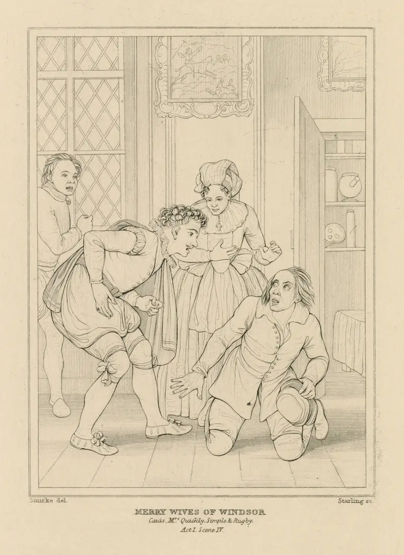 Merry wives of Windsor, Caius, Mrs. Quickly, Simple, & Rugby, act I, scene IV av William Francis Starling