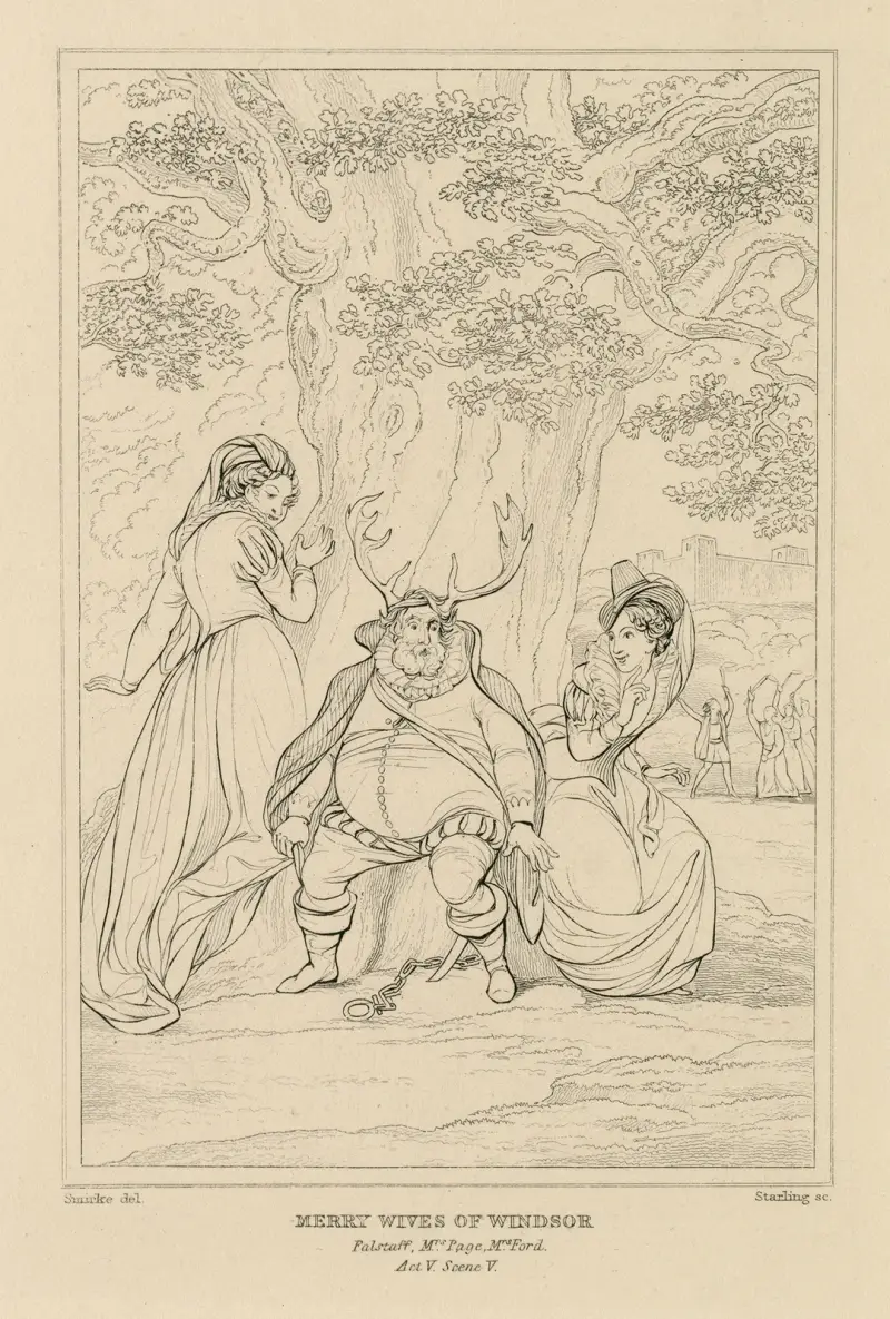 Merry wives of Windsor, Falstaff, Mrs. Page, Mrs. Ford, act V, scene V av William Francis Starling