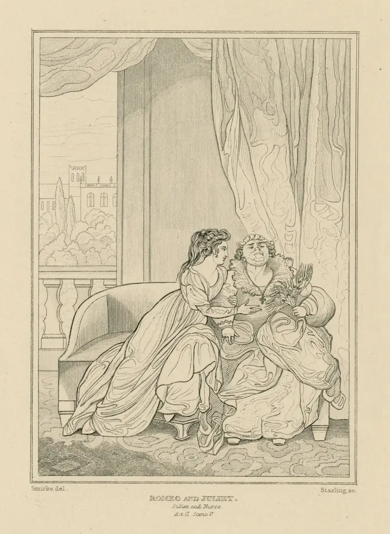 Romeo and Juliet, Juliet and nurse, act II, scene V av William Francis Starling