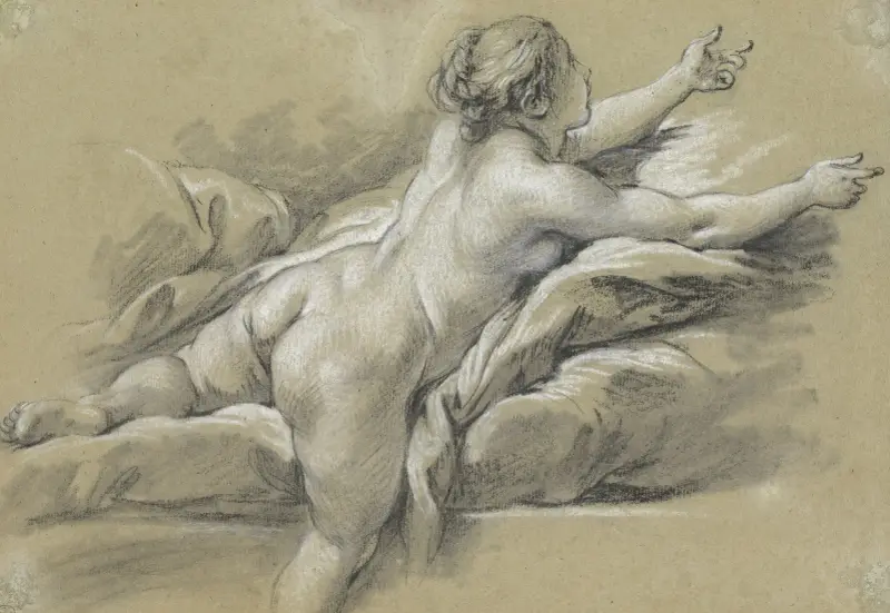 Naken kvinna som sträcker sig åt höger av François Boucher