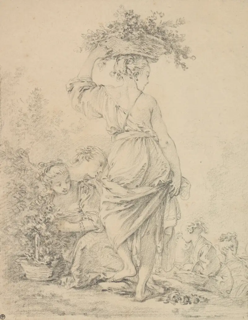 Ung kvinna som plockar blommor med flera andra ('La Jardinière') av François Boucher