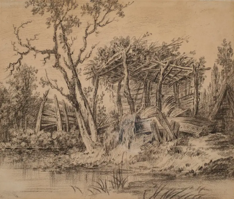 Ett träskjul i pittoreskt förfall vid en flod av François Boucher