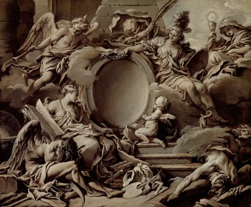 An Allegory of Minerva, Fame, History and Faith Overcoming Ignorance and Time av François Boucher