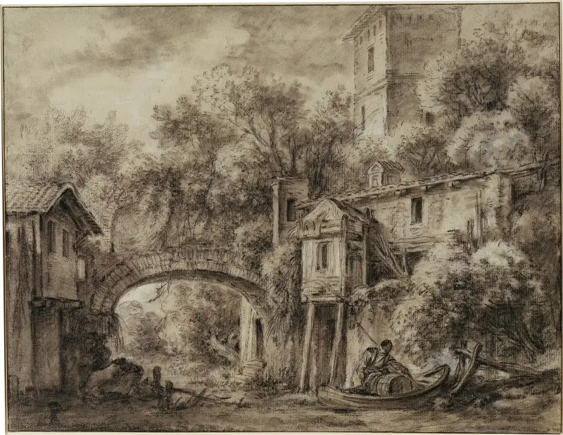 Arkitekturcapriccio med kvarnen i Quiquengrogne vid Charenton av François Boucher