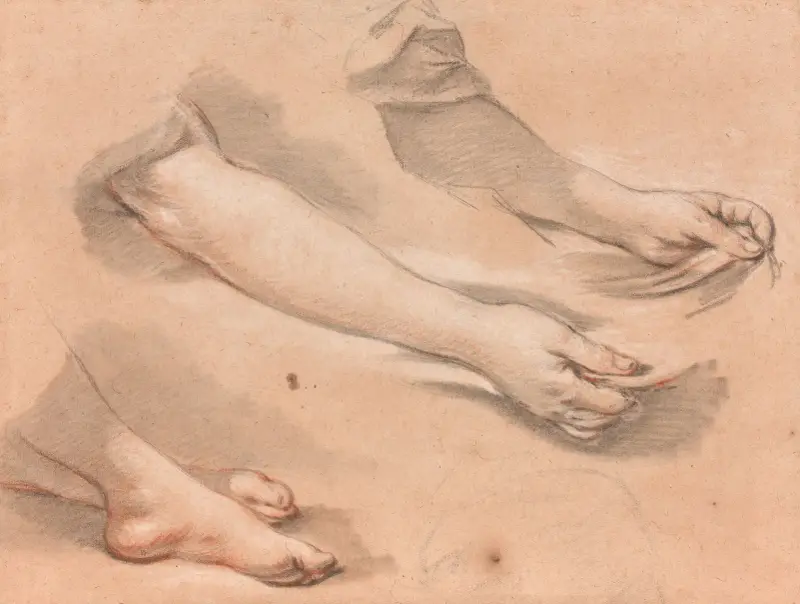 Arm som håller ett tygstycke och två korsade fötter, studie till 'Världens ljus' av François Boucher