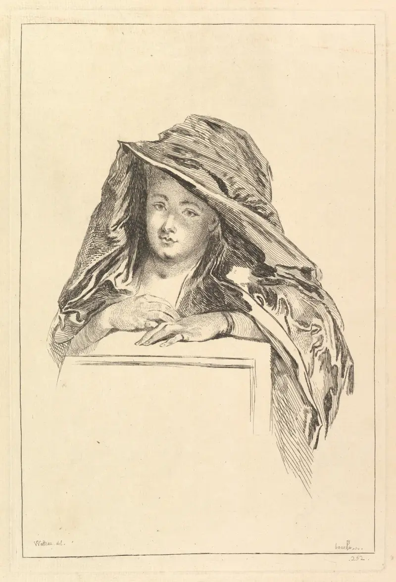 Porträtt av en kvinna i kapuschongmantel av François Boucher