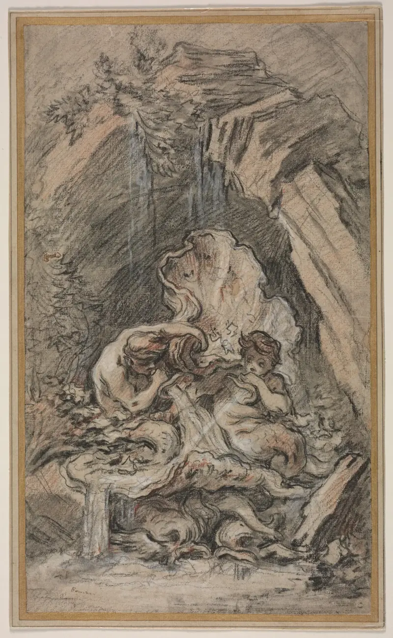 Fontän med två tritoner som blåser i snäckskal av François Boucher