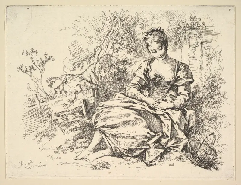 Flicka i landskap med blomsterkorg av François Boucher
