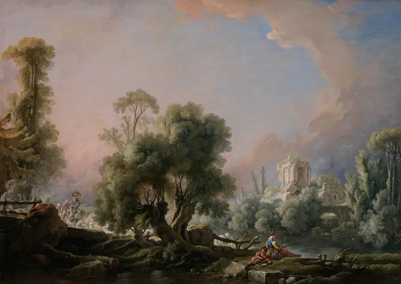 Idyllic Landscape with Woman Fishing av François Boucher