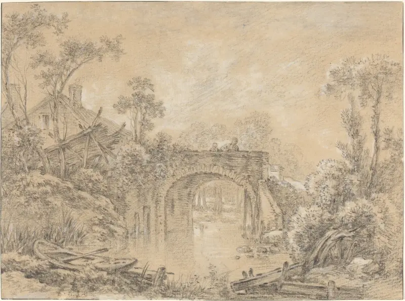 Landskap med en lantlig bro av François Boucher