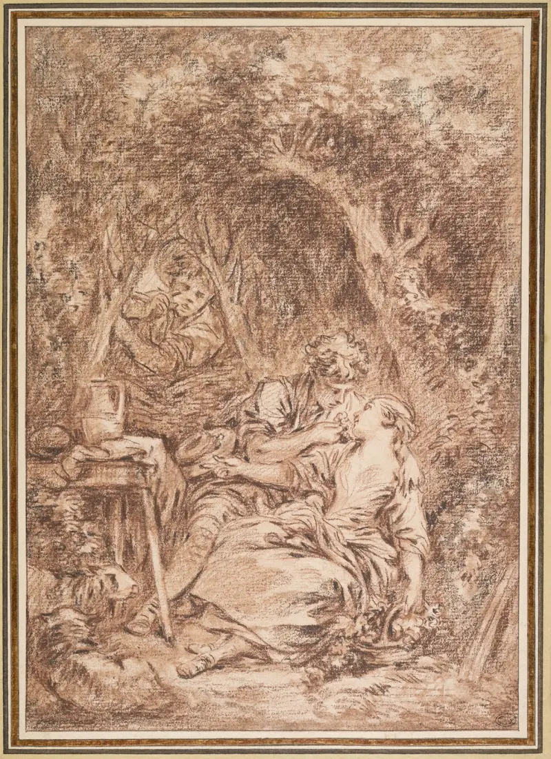 Älskande överraskade (Annette et Lubin) av François Boucher