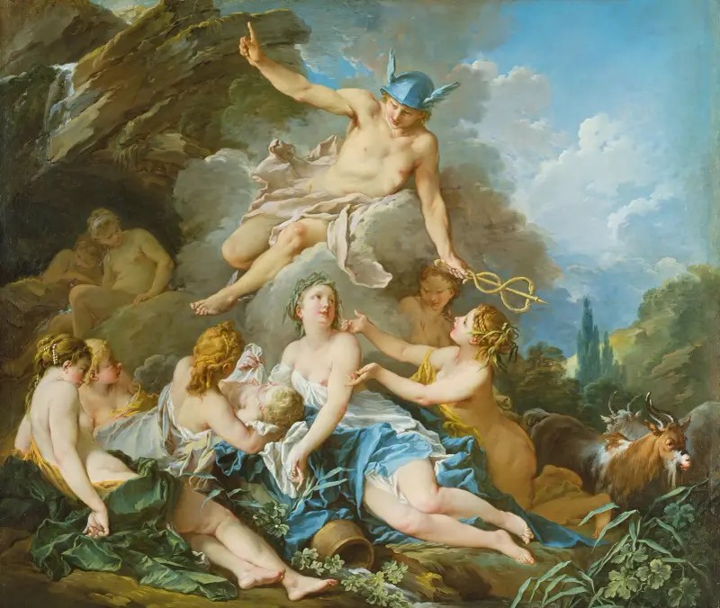 Mercurius anförtror den späde Bacchus åt nymferna av François Boucher
