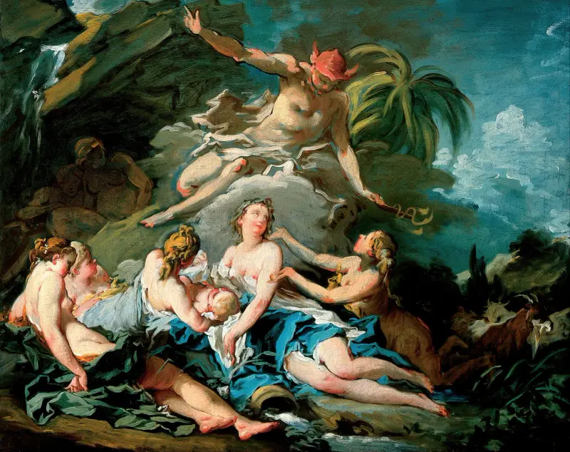 Mercurius anförtror den späde Bacchus åt nymferna i Nysa av François Boucher