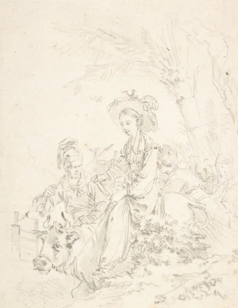 Bondflicka ridande på oxe med sällskap av François Boucher