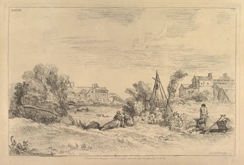 Flodbank med fabriker i bakgrunden av François Boucher
