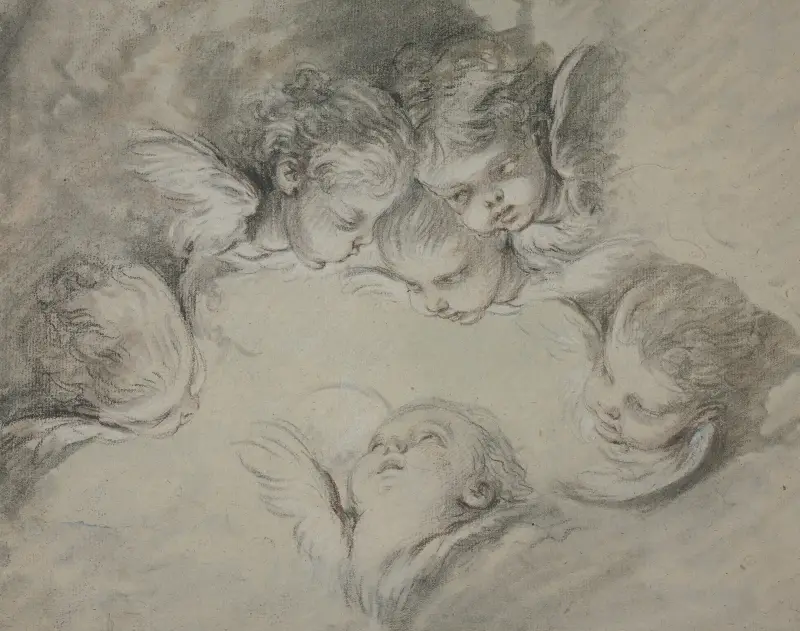 Sex änglahuvuden i moln av François Boucher