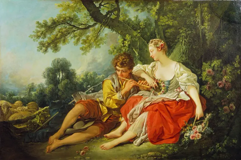 Herde spelar flöjt för en herdinna av François Boucher