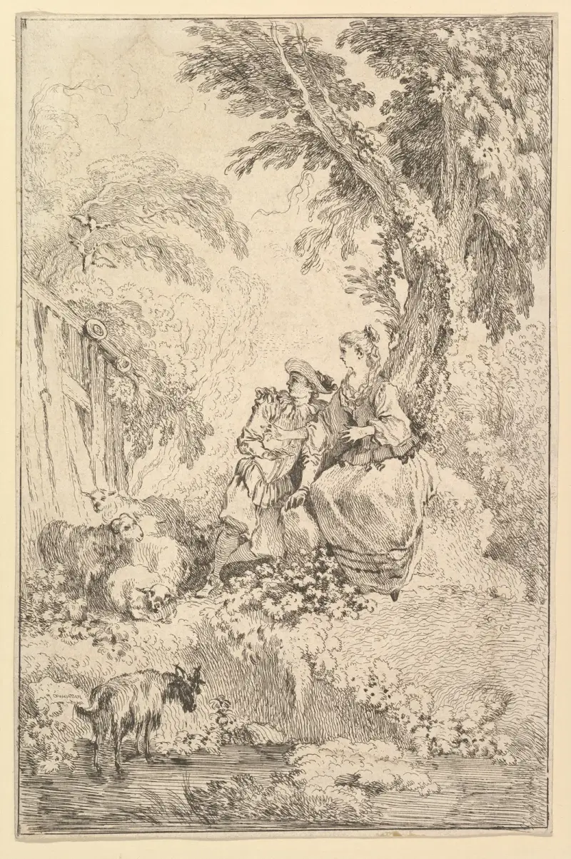 Överraskat ungt par under ett träd av François Boucher