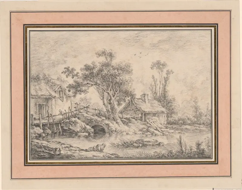 Halmtäckt kvarnstuga och skjul med två träd vid en bäck av François Boucher