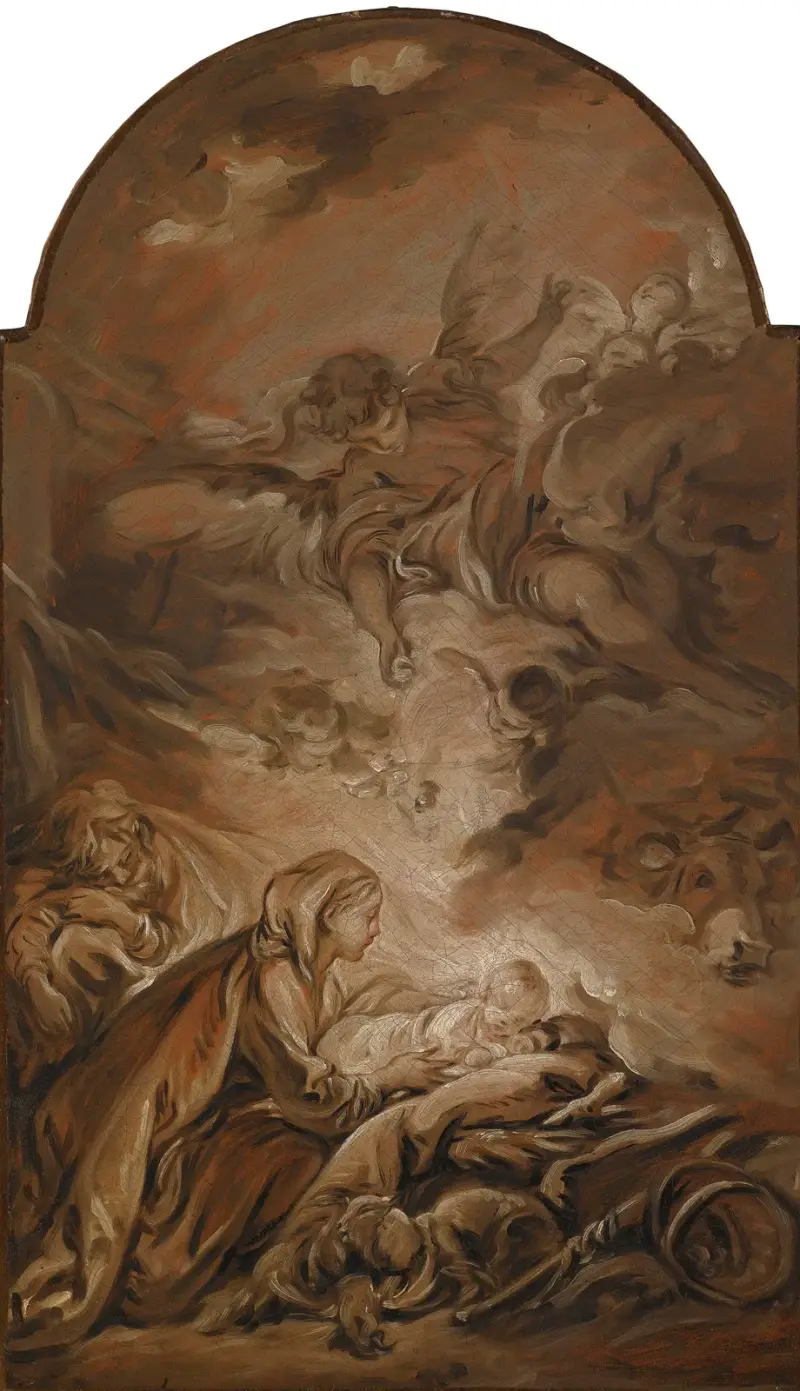 Kristi födelse med svävande ängel av François Boucher