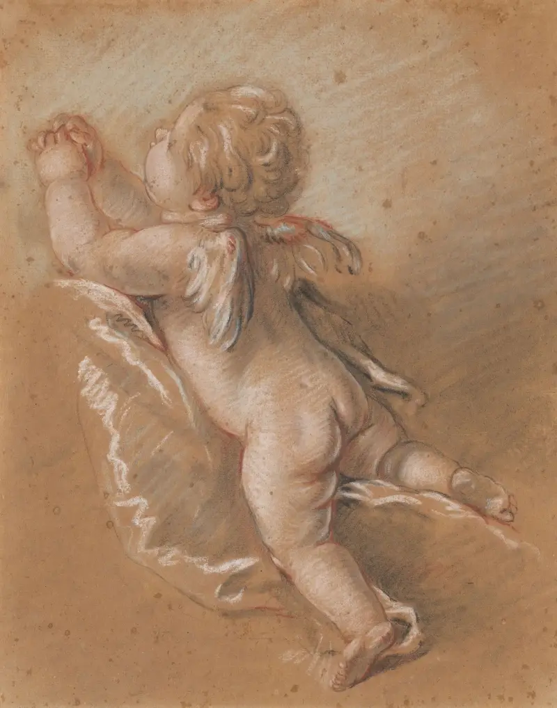 Bevingad kerub sedd bakifrån med uppsträckta, knäppta händer av François Boucher