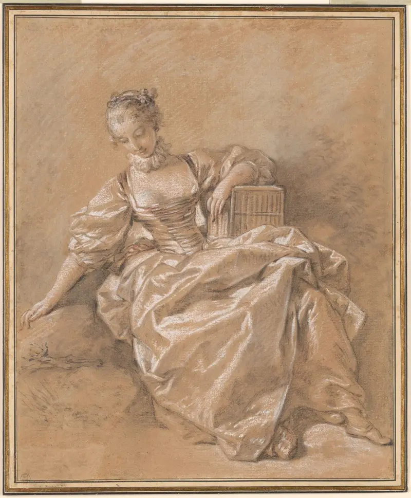 Ung flicka med fågelbur av François Boucher