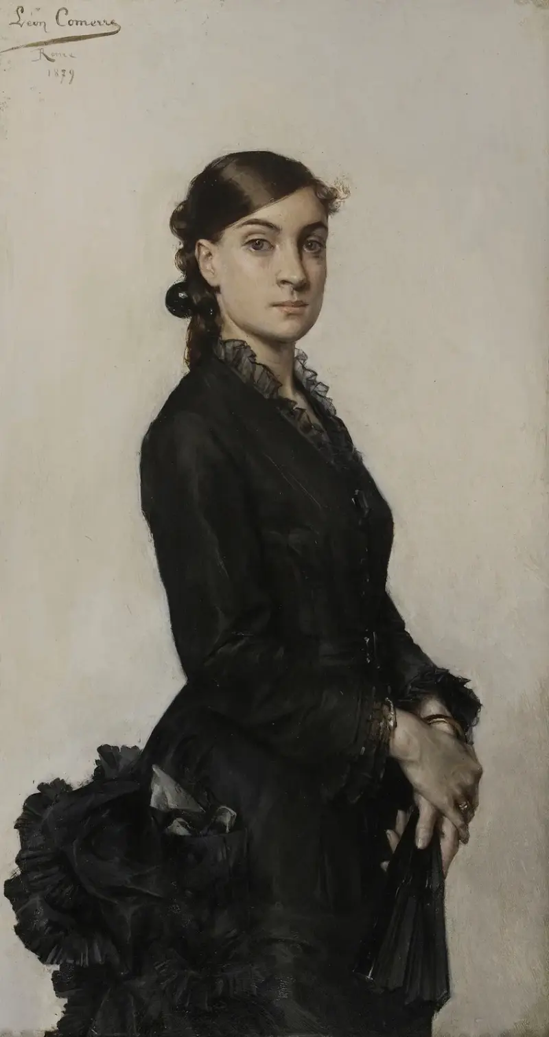 Portrait de Jacqueline Comerre-Paton en robe noire av Léon François Comerre