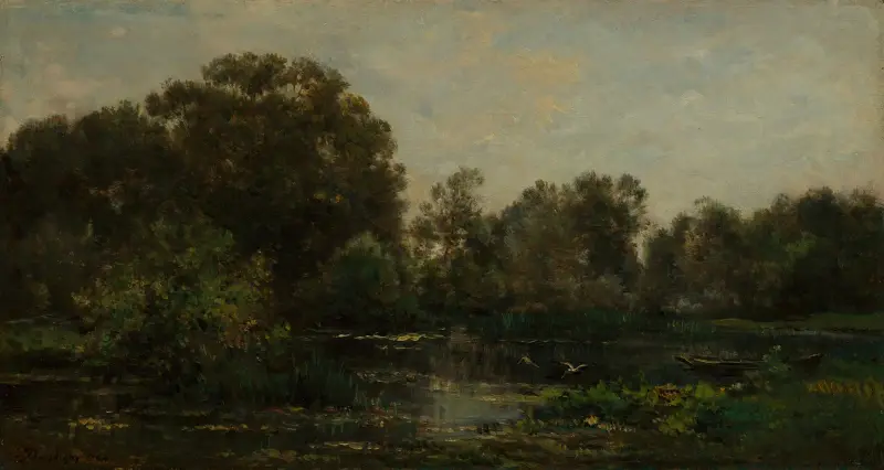 Flodlandskap med storkar av Charles François Daubigny