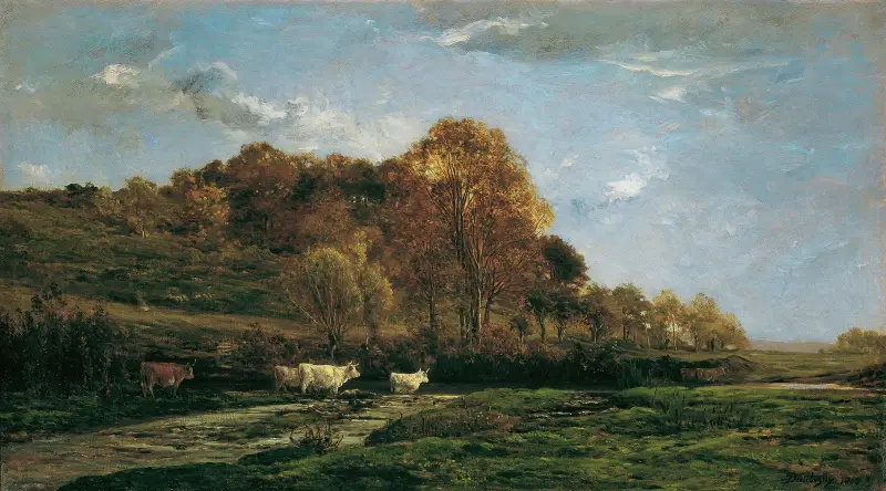 Höstligt flodlandskap i kvällsstämning av Charles François Daubigny